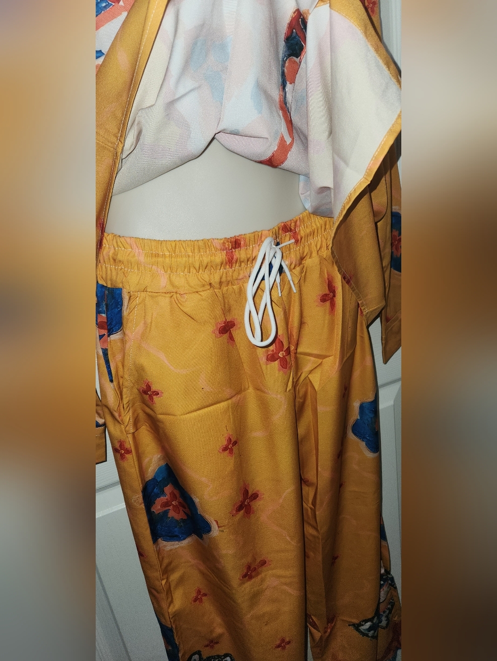 Women's Mustard Floral Medallion Pajama Set with Blue Accents - Picture 2 of 3